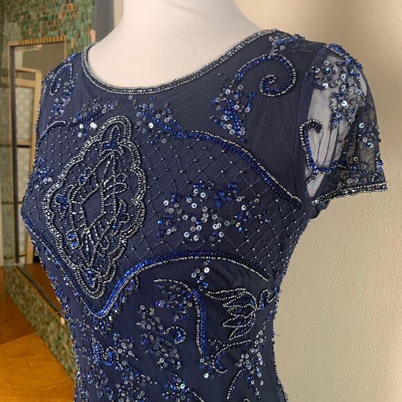Vintage Pisarro Sz 2 Beaded Mesh Column Gown Navy Blue Cocktail Wedding Holiday - Picture 4 of 11